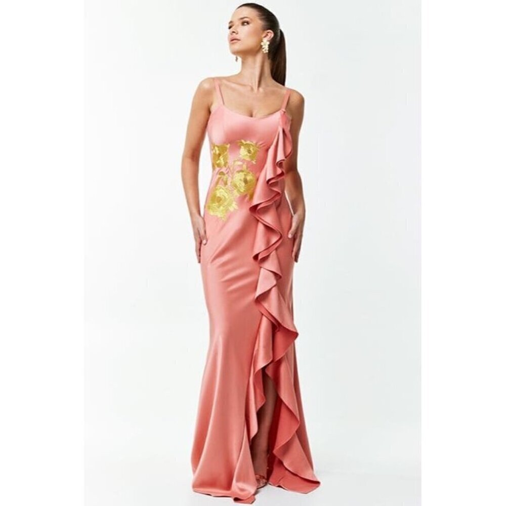 Mestiza New York Pink Satin Floral Appliqué Ruffle Gown Size 8
